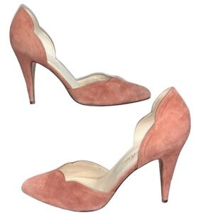 90s Vintage Garolini Suede Scalloped Closed Toe Heels Pumps Shoes Tan 7 Evening